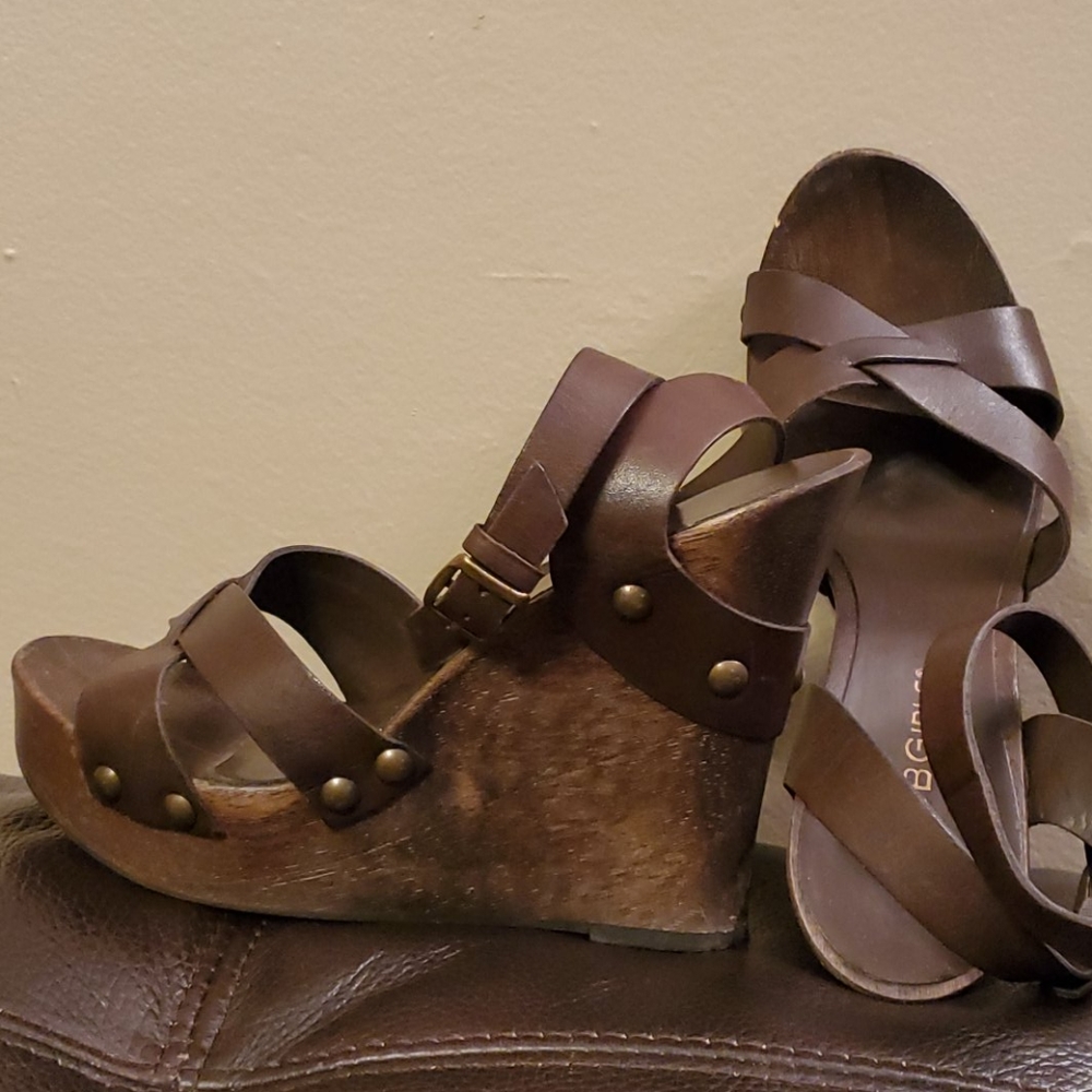 BCBG Wooden Cross Strap Platform Wedges